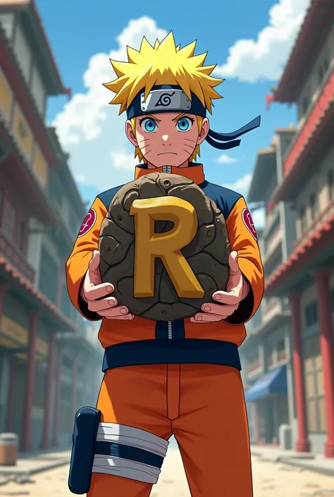 Naruto offering an object in the shape of the letter R large to whoever is viewing the image
