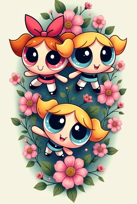  a small tattoo of the super powerpuff girls, cute, sweet and flowery with a robot effect 