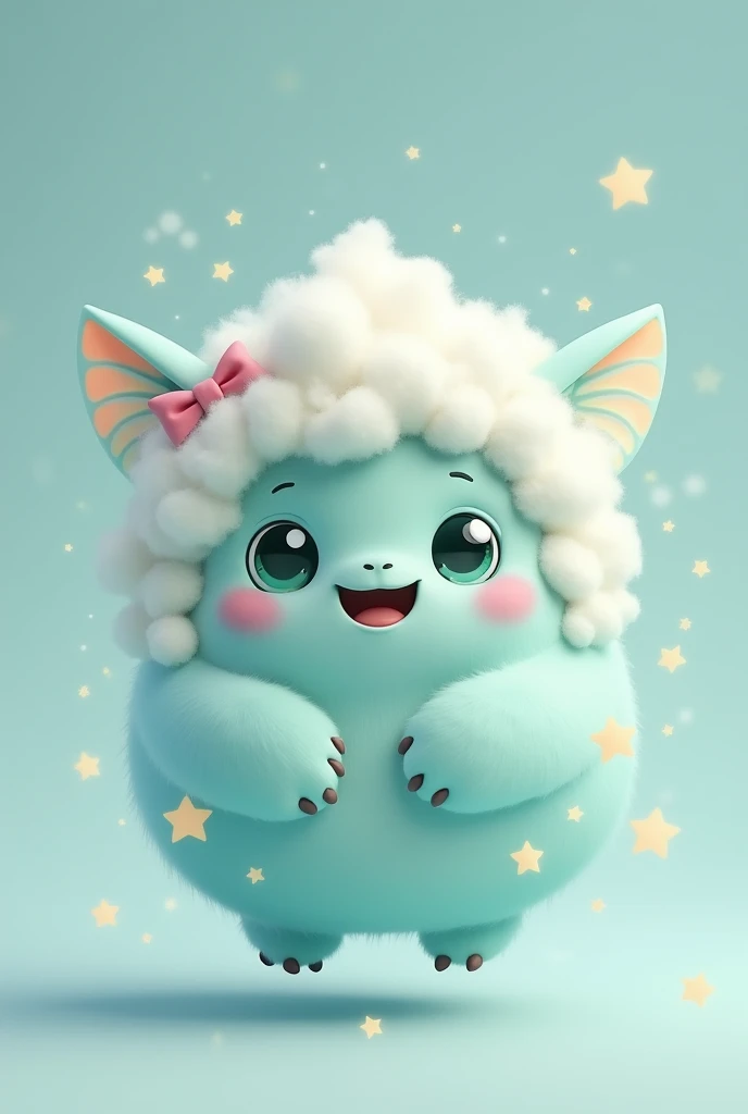 An animated monster has a rounded, fluffy body reminiscent of a soft cloud.. Its size is small and manageable, ideal for hugging. Her skin is a pastel blue color with touches of white., like a cloudy sky. It also has small bright stars that flicker gently ...