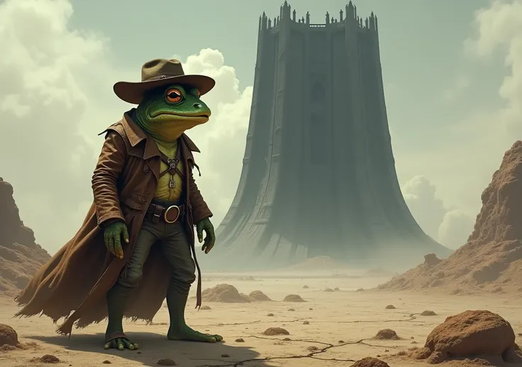 An anthropomorphized frog being a gunslinger, contemplating a huge black tower in the distance