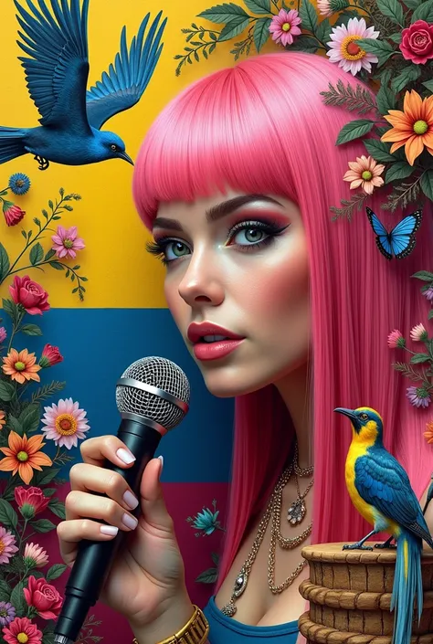 Create an image which is inspired by the art of Mr Brainwash, that it is colorful and has things that represent Colombia, cafe, birds, the flag of Colombia (no people ) and that this is a woman with long straight pink hair (without pompadour) in the right ...