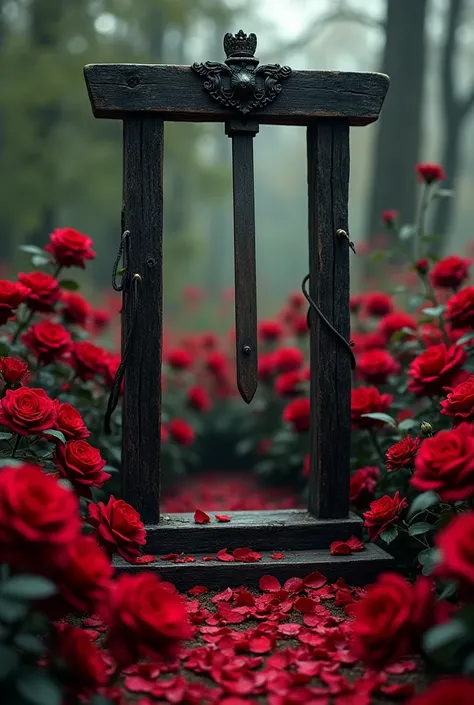 A GUILLOTINE WITH RED ROSES