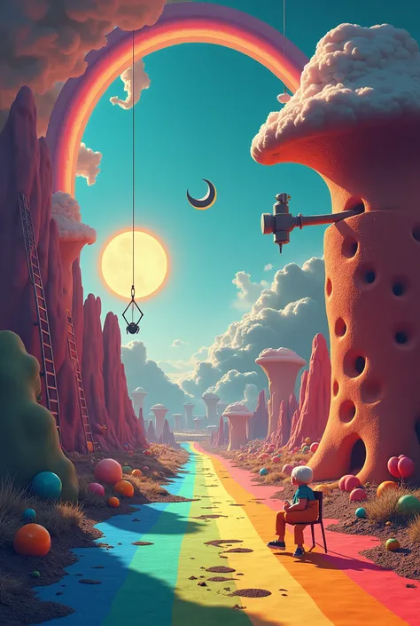 A rainbow corridor, a suspended crescent moon, a drooping sun, a hammer living in a hole concave cheese, a ladder to heaven, a walking chair, a spider-shaped cloud, Surreal Scene, 