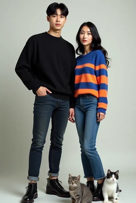 A tall adult man with black hair in the kpop idol style, korean traits, white skin and dressed in black jeans and a black sweater next to an adult woman with long black hair in the style of a kpop idol, dressed in blue jeans and a blue and orange striped s...