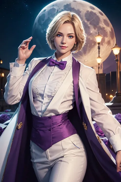 kof,king of fighters,king,blue eyes,blonde hair,medium hair,white long shirt,purple vest,a bow tie,beautiful white skin,photorea...