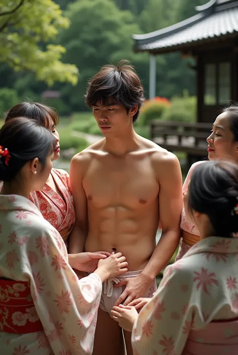 1boy、Real photo style、Photo Quality、Cute handsome man、Mash Hair、Japanese male, 、Completely naked、Full nudity、erection、Huge penis、Highest quality、Realistic、beautiful、Back view、Butt Exposed、Face turned to the side、Surrounded by middle-aged women in kimonos, ...