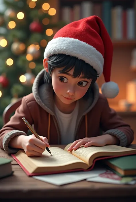 A student with a book and a Christmas hat, and 3d