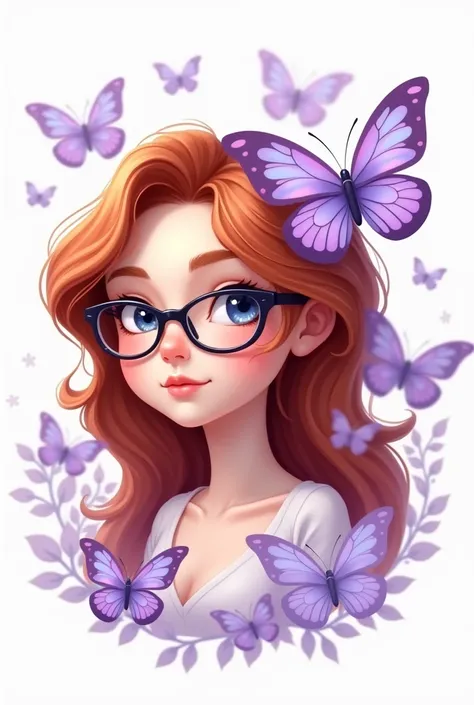 logo in 2d, with lilac butterflies, of a white girl with copper hair, glasses and that says DaraShop. 