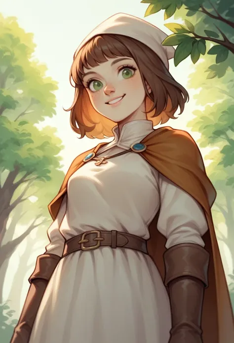 Victoria OBrian..Illustration of a young brunette herbalist woman with bangs, round face, freckles, round olive green eyes, thin mouth, large nose, average build, wearing village clothes and a small silver medallion, in a low angle view, concentrating on g...