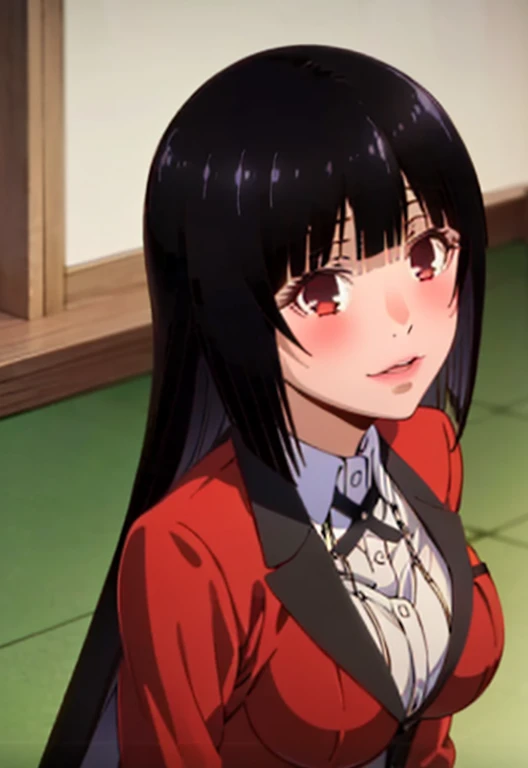 (best quality:1.1), (artwork:1.4), close up, Portrait, 1 girl, Jabami Yumeko, red school uniform, Blunt bangs, Black hair, Black skirt, Looking at viewer, playing cards flying, whole body