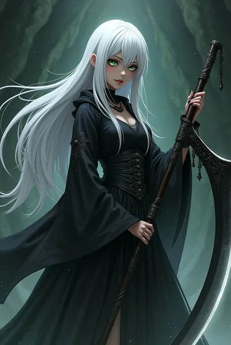 anime girl, black skin, white hair,reaper suit,long hair,green eyes,long sickle