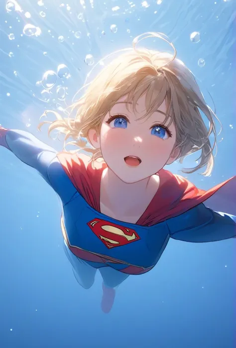 (masterpiece,Highest quality,ultra_detailed,High resolution,absurdes:1.2), Supergirlof costume, A girl in the water、Eyes closed,Supergirl,depth_of_Field,(長さ neck looking up:1.2),bubble,(Raise your hand:1.2),   Complementary Color,Bright Eyes,Strong Rim Lig...