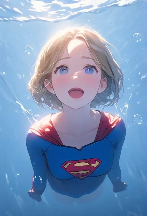 (masterpiece,highest quality,ultra_detailed,high resolution,absurdes:1.2), supergirlof costume, a girl in the water、eyes closed,...