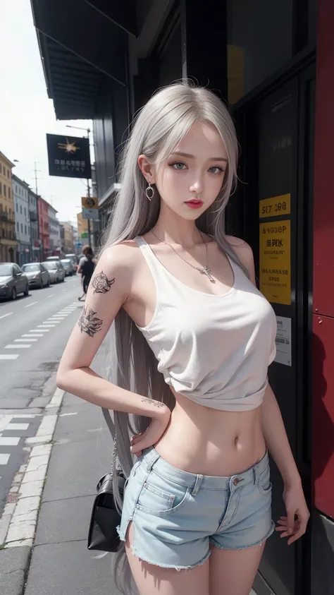 number, urban beautiful girl college students, masterpiece, light makeup, red lips, silver hair, disheveled long hair, street ba...