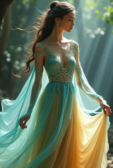 Dress with intricate metallic lace hanging from the arms and torso, falling loosely to the floor, fine turquoise tunic over a golden petticoat, Light, graceful, full of movement, magic style 