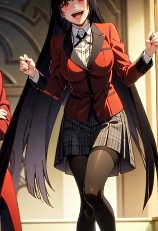 Yumeko Jabami from the anime Kakegurui, red eyes, evil smile, detailed school uniform with red coat, white shirt, gray plaid skirt, black tights and brown shoes, immersive playing cards, photorealistic, highly detailed, 8k, intricate, vibrant colors , dram...