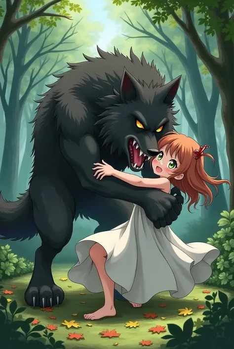 Werewolf pinning cute anime girl in sundress 
