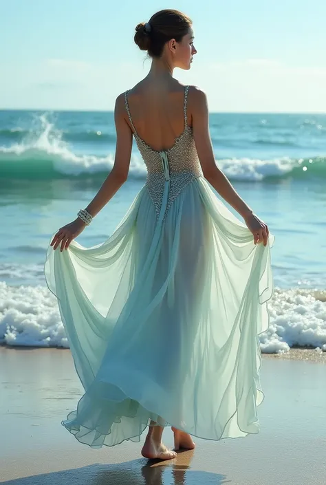 an outfit for a dance that deals with the sea, the fabric looks light with details and the arms have sleeves with bare shoulders, that the chest part is a straight cut and that the girl has simple accessories with low heels