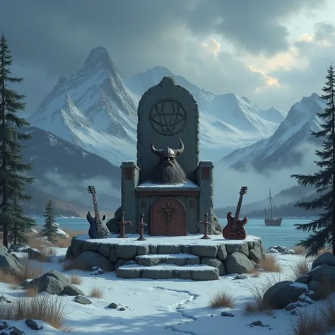 A desolate and snowy Nordic landscape, with rugged mountains and ice-covered pine forests. In the middle, a stone altar covered in ancient runes and pagan symbols, surrounded by musical instruments such as electric guitars and drums. A Viking helmet rests ...