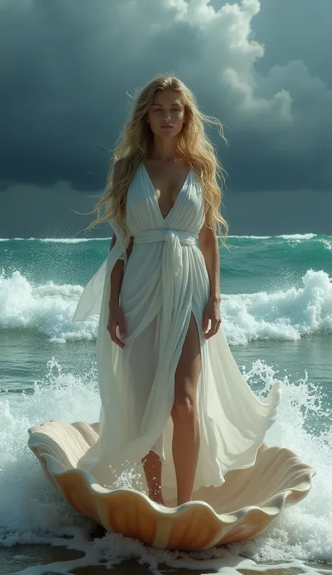 The sea is stormy under a dark, tempestuous sky, with crashing waves and turbulent waters, Afrodita, a stunning woman with flowing golden hair, emerges from the foam of the waves, ancient Greece, wearing a flowing white robe that clings to her wet skin, on...