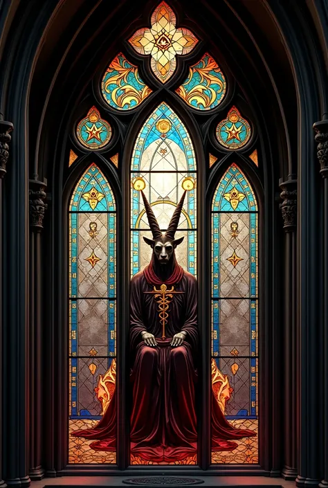 Draw Baphomet as if he were a cathedral window, respecting all of his shape and sitting down.