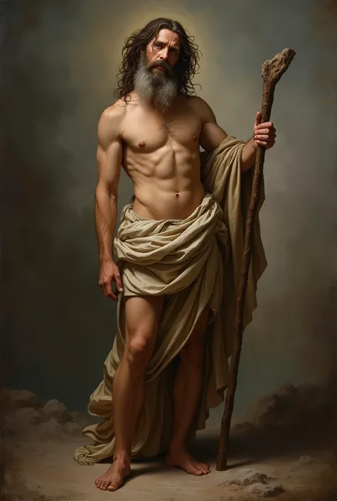 Catholic baroque image of St. John the Baptist, he is a 40-year-old man, skinny man. He has one of his fingers pointing to the sky. He is dressed in a camel skin tunic with his body a little showing, he is holding a staff, his hair is unkempt, he has a big...