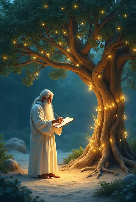 Cashew tree with Christmas lights with bearded old man in white drawing
