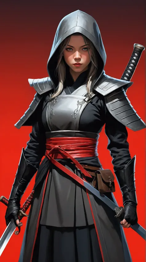 ((Sydney Sweeney)) Create a striking anime-style illustration of a lethal ninja nun. The character should be a young woman with long, jet-black hair and straight bangs, framing a face with piercing red eyes and slightly parted lips. Her expression should c...