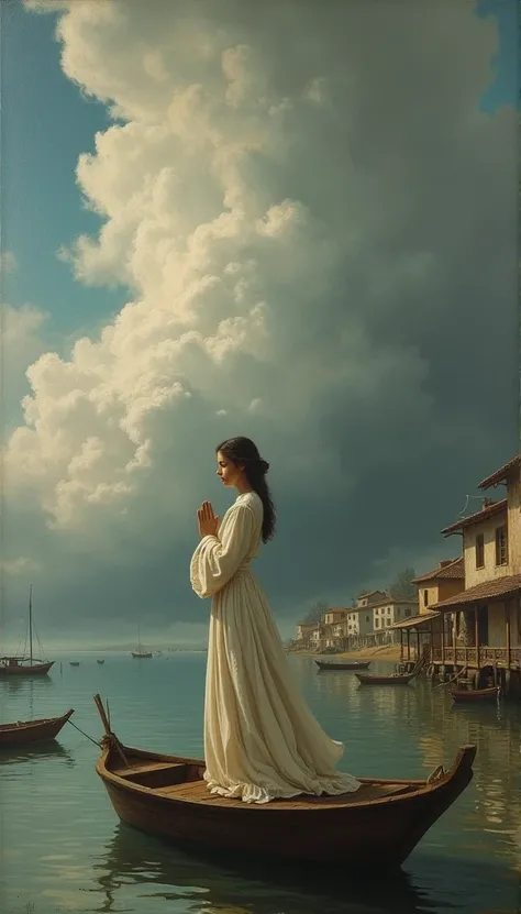 art painting in the old days most beautiful,a women standing on a local bot praying for the passing of Storm 