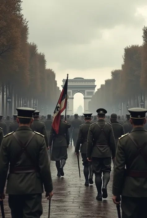 German soldiers marching down the Champs Elysees in Paris. A group of defeated French soldiers with the fallen French flag.