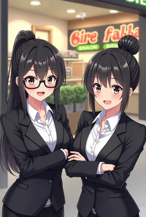 two girls dressed in black blazers. one with long black hair tied up wearing black framed glasses and happy with crossed arms. the other girl with black hair in a bun, happy and with arms on her waist. both in front of the SUB-BRINDES store