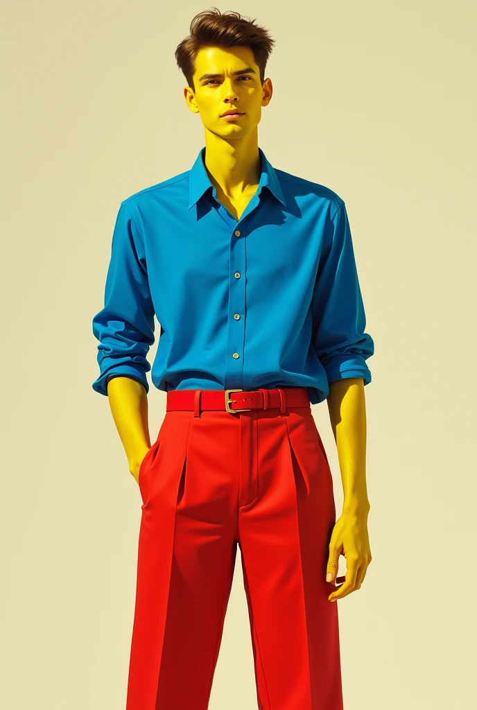 A HUMAN WITH YELLOW SKIN AND A BLUE SHIRT AND RED PANTS