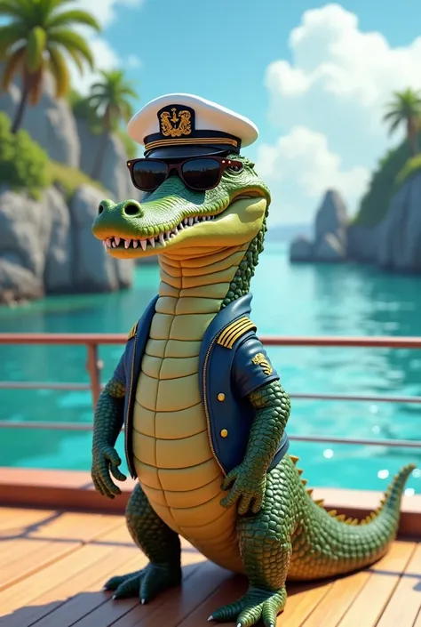 Toothless crocodile, smile, on a cruise, sunglasses, standing captain