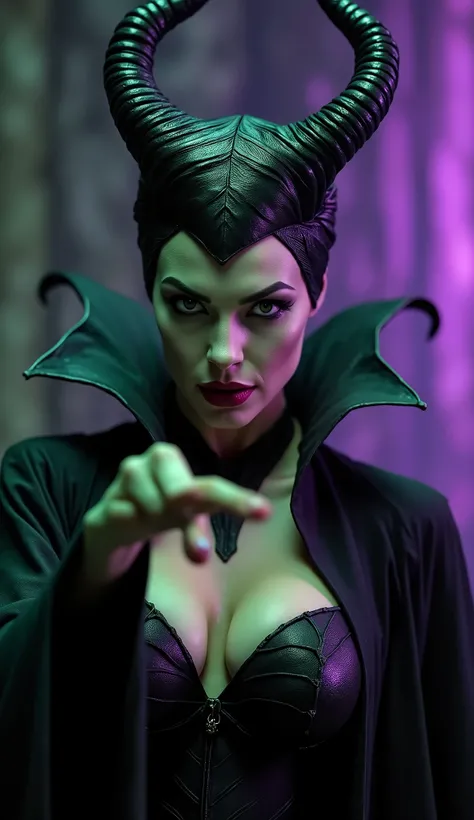 A stunning closeup portrait of Maleficent, she is extending a sexual invitation, she is fertile and wants to breed, location is dungeon interior, purple and green light, breasts, powerful, pale eyes 