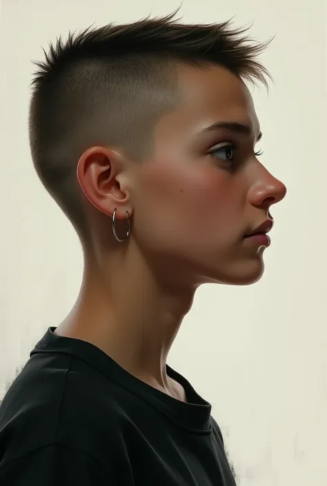 A teenager with a buzz cut and aquiline nose in profile