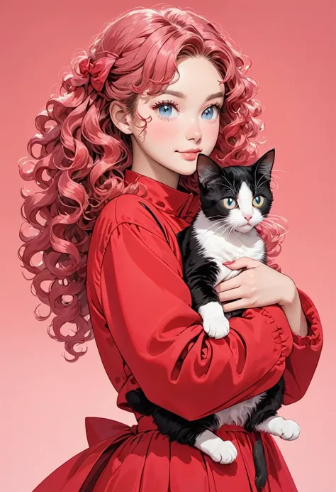 A young -skinned woman with curly hair, black and with eyes in a red outfit holding a cat in her arms, pink hair