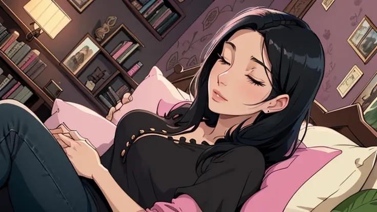 Beautiful woman in her 30s with black hair is sitting on the sofa. Looking down, eyes closed, LOFI girl, alone in the room, blouse, cozy wallpaper, big cushion, bookshelf, relaxing mood, night core, cozy, wide glass window with skyscrapers, outside view at...