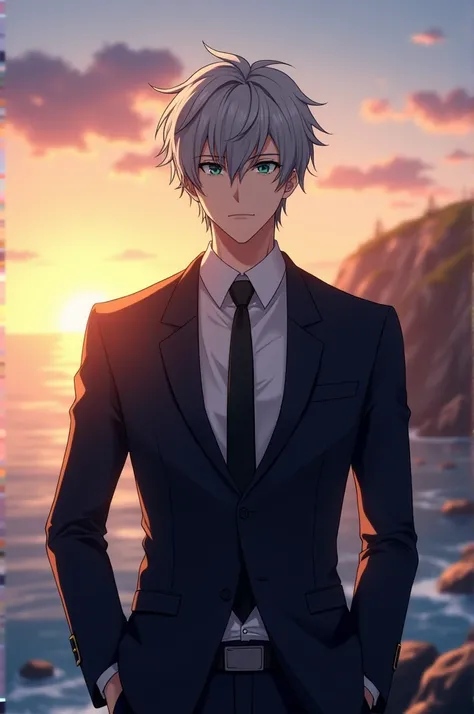 Well look, I just want a very very realistic anime character with a suit that can be seen from the waist up, The background should be standing in front of a cliff and the sea in the background while it is sunset, Its characteristics are, dull silver hair c...