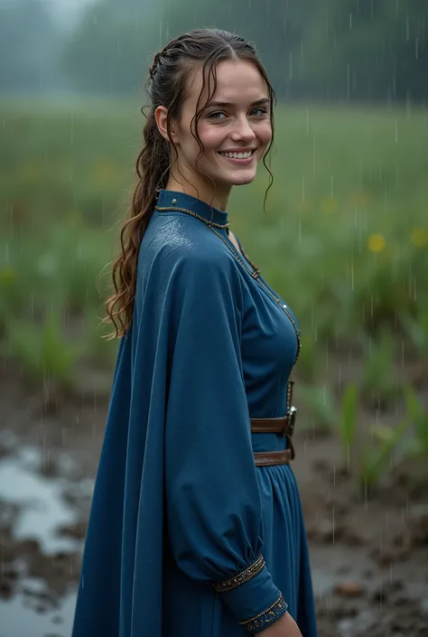 (masterpiece, best quality:1.2), cowboy shot, solo, 1girl, marianne von edmund, smile, looking at viewer, blue dress, capelet, wet clothes, soaked, dripping wet, wet hair, wet skin, translucent, glistening with oil, fully clothed, wet muddy field