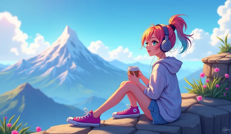 An e-girl with tied-up colorful hair and rainbow-like eyes, listening to calm music on headphones, with a sexy smile, holding a cup of coffee, wearing allstar, at the top of a mountain. An image that inspires calm, tranquility, lightness, simplicity, and c...