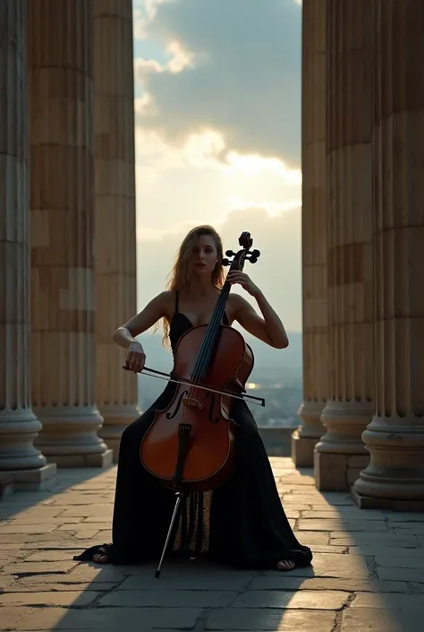 A woman playing cello, stone stage, black dress, daytime performance, greek columns in background, cinematic scene, (best quality, 4k, 8k, highres, masterpiece:1.2), ultra-detailed, (realistic, photorealistic, photo-realistic:1.37), dramatic lighting, cine...