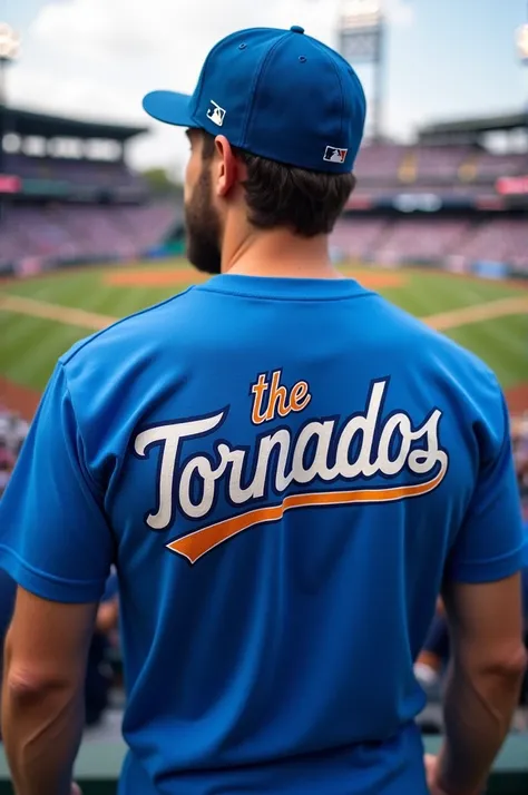 A blue T-shirt from a baseball team that says Tornados