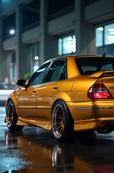 Create a 1999 Kia Sephia car in metallic ochre color, with spoiler and staggered rims