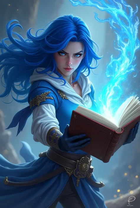 blue hair woman ,RPG style,flying and releasing blue magic from his magic book ,aggressive and powerful
