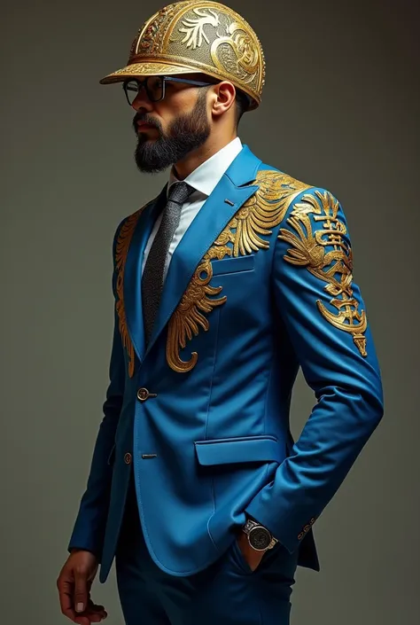 Man wearing suit that mixes modern elements with ancestral symbolism, with blue and gold colors representing wisdom and truth. He wears a helmet with Mayan patterns that amplifies his telepathic abilities..

in your daily life, wear simple clothes and glas...