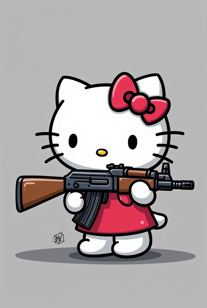 image cartoon of hello kitty with an ak47, the background is grey