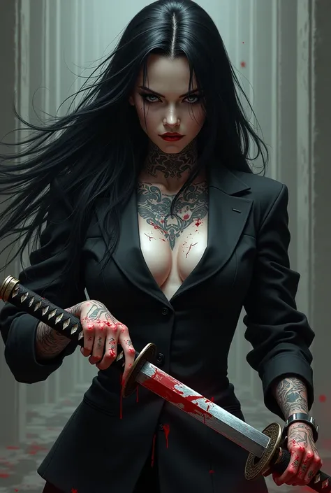 woman with long black hair, blue colored eyes, white skin color, intimidating, powerful, tattooed, with a black formal outfit. She is fighting with a katana, and it&#39;s all bloody, psychopath.