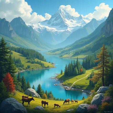 a highly detailed photorealistic painting of an environment over 50 years, beautiful detailed lush scenery, rolling hills, forests, mountains, vibrant colors, dynamic lighting, breathtaking vistas, pristine nature, clean air, crystal clear water, abundant ...