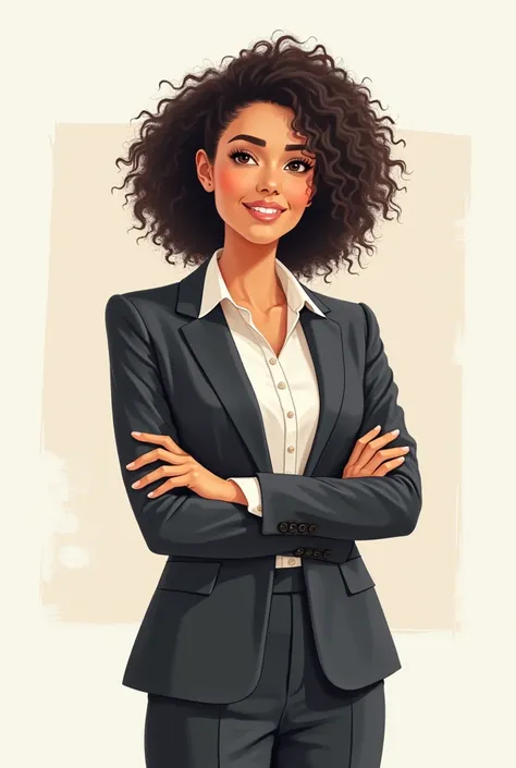 Drawing of a modest woman,smart,you knew,ready to help and advise. Smiling Business Pose,dark curly hair