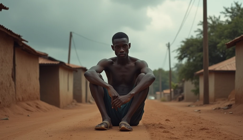 Image dAssane, un jeune homme noir mince , assis seul au bord d’un chemin poussiéreux dans un petit village africain. Le ciel est nuageux, reflétant son désespoir. Image de haute qualité très détaillé 